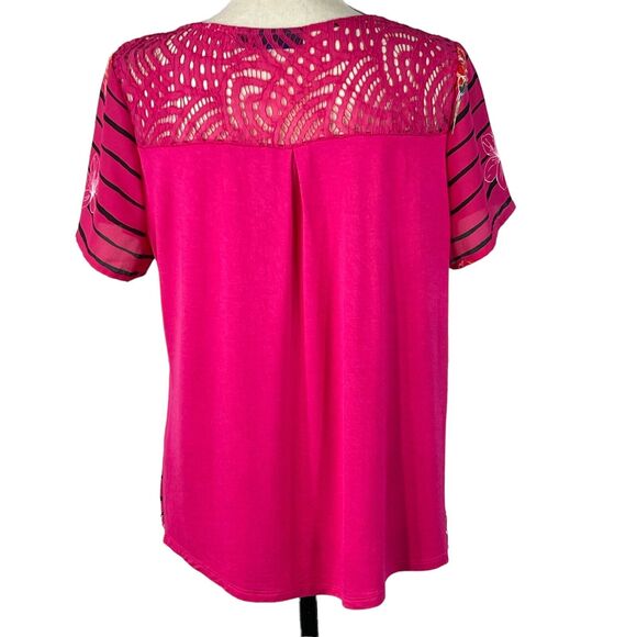 APT 9 Medium Top Floral Striped Round Keyhole Neck Short Sleeve Fuchsia Pink - Picture 3 of 8